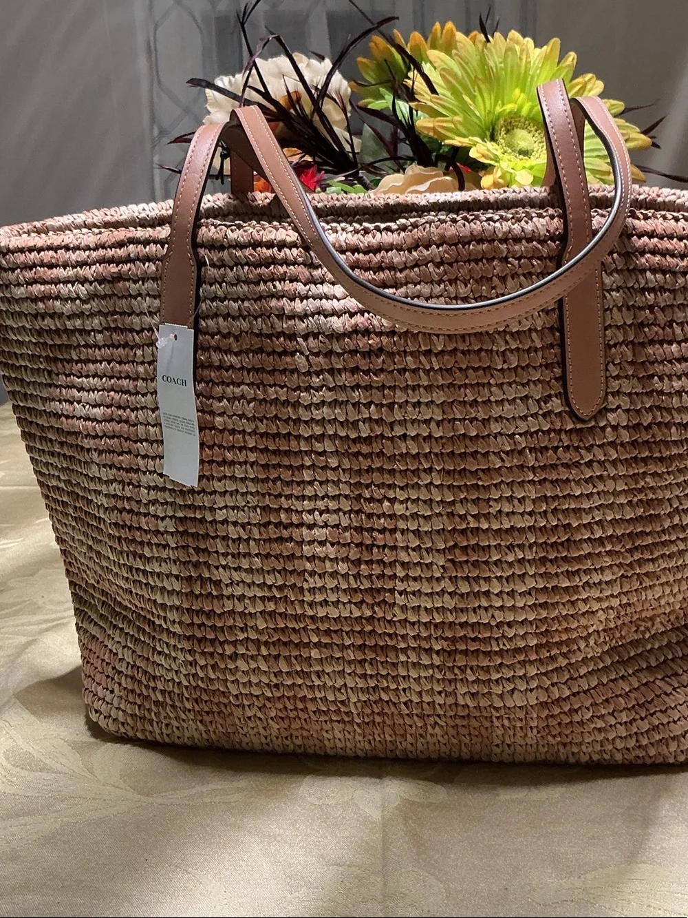 COACH Woven Raffia Tote in Natural Tan and Cream with Leather Trim